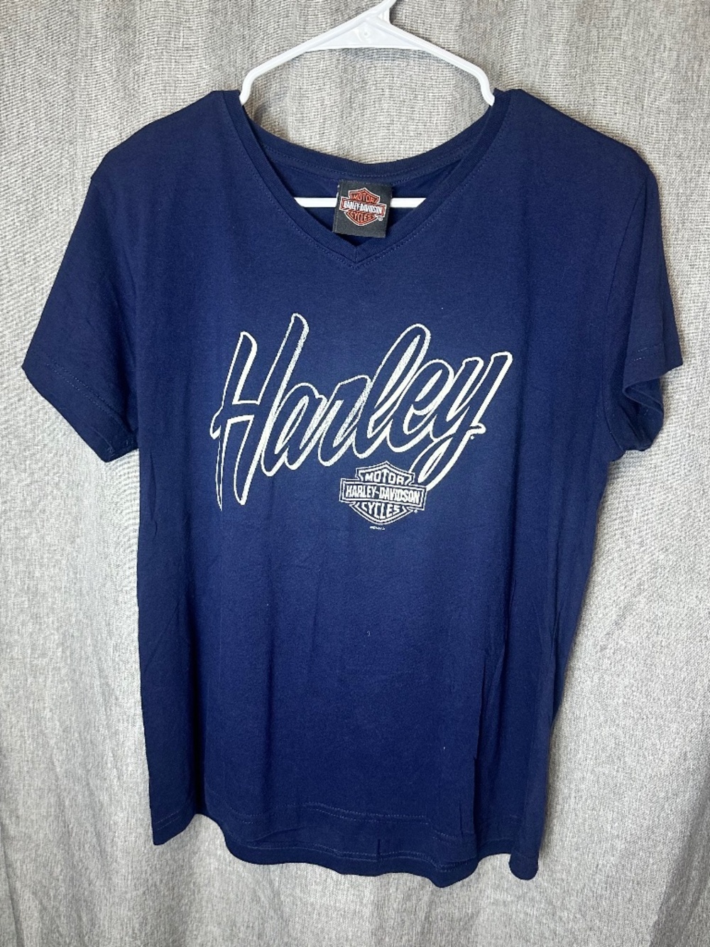 Harley Davidson Women’s Script Logo V-Neck Graphic Tee Navy Blue Size L